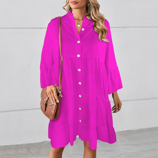 Flared Sleeve Button Tiered Shirt Dress Fuchsia