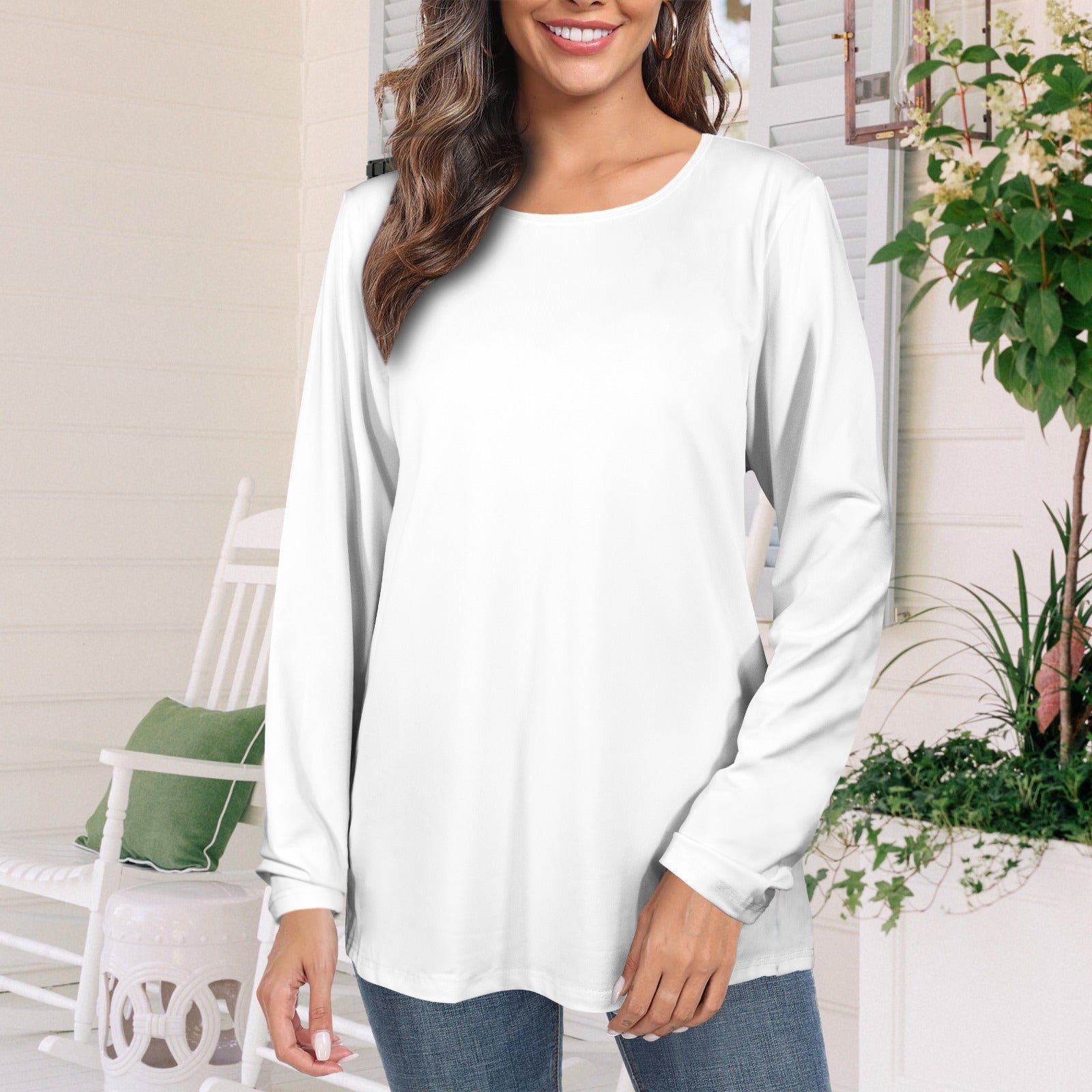 Long Sleeve Round Neck T Shirt White