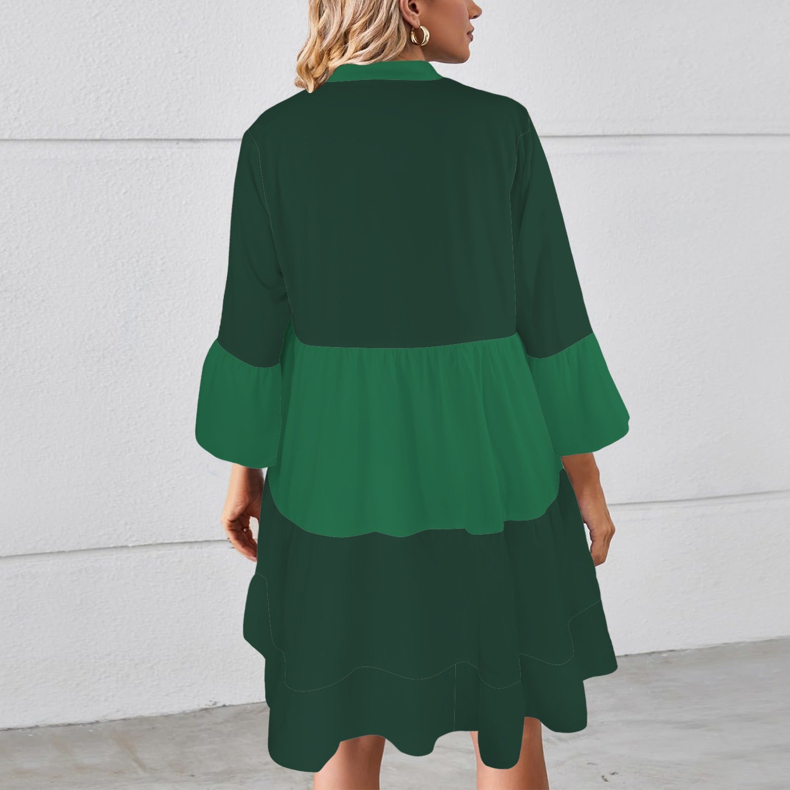 Flared Sleeve Button Tiered Shirt Dress Emerald Forest