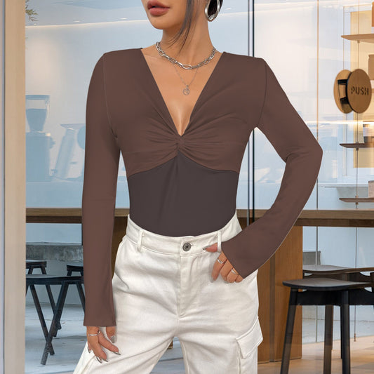 V Neck Long Sleeve Slim Fit Tops Espresso Mocha