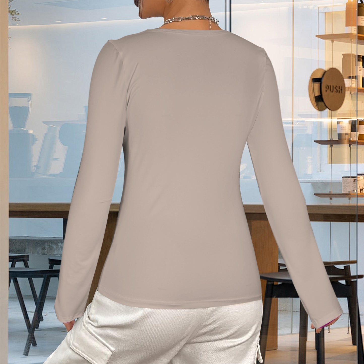 V Neck Long Sleeve Slim Fit Tops Beige