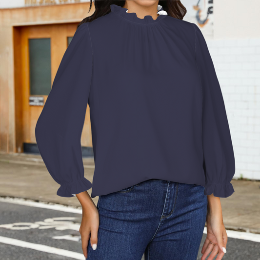 Dark Blue Violet Ruffled Mock Neck & Cuff Long Sleeve Blouse