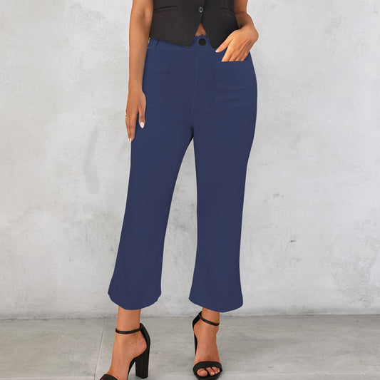 High Waist Pocket Flared Cropped Pants Blue