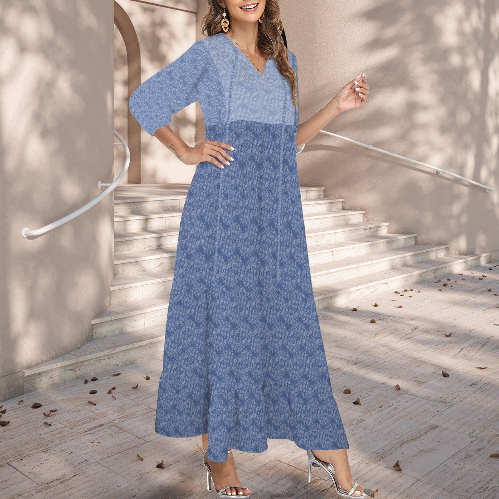 V Neck Half Sleeve Maxi Dress Dusted Blue Floral