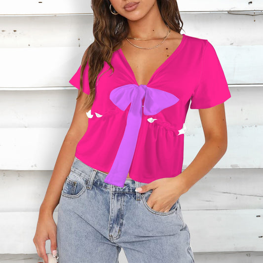 V-Neck Short Sleeve Knotted Front Blouse Top Magenta Rose