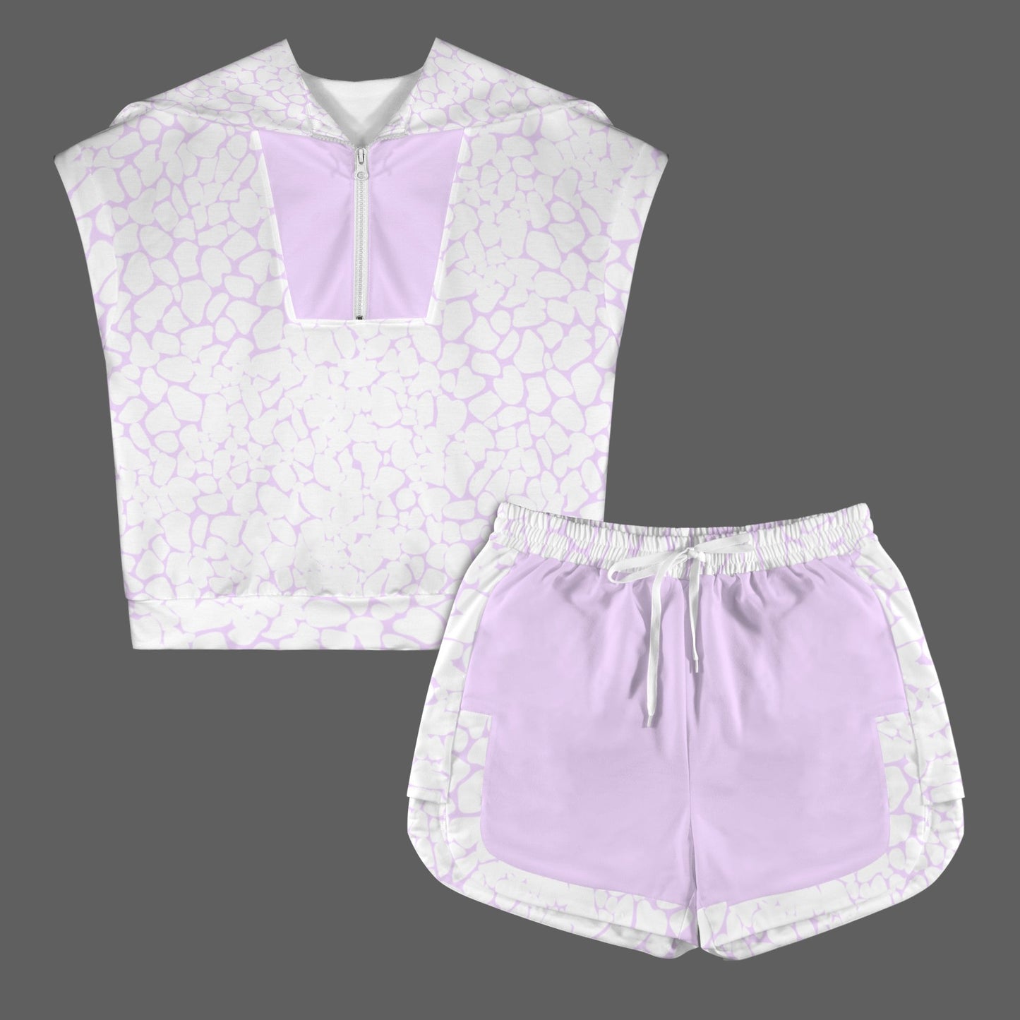 Petal Pebble Texture Short Sleeve Lapel Half Zip Top & Drawstring Shorts Set