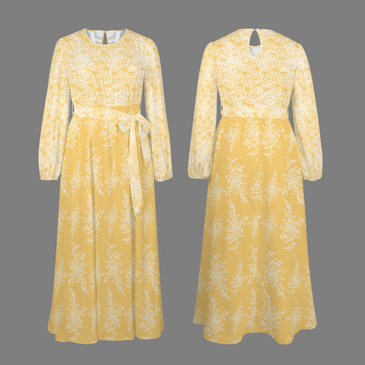 Floral Clusters Gold & White Print Long Sleeve Belted Long Dress