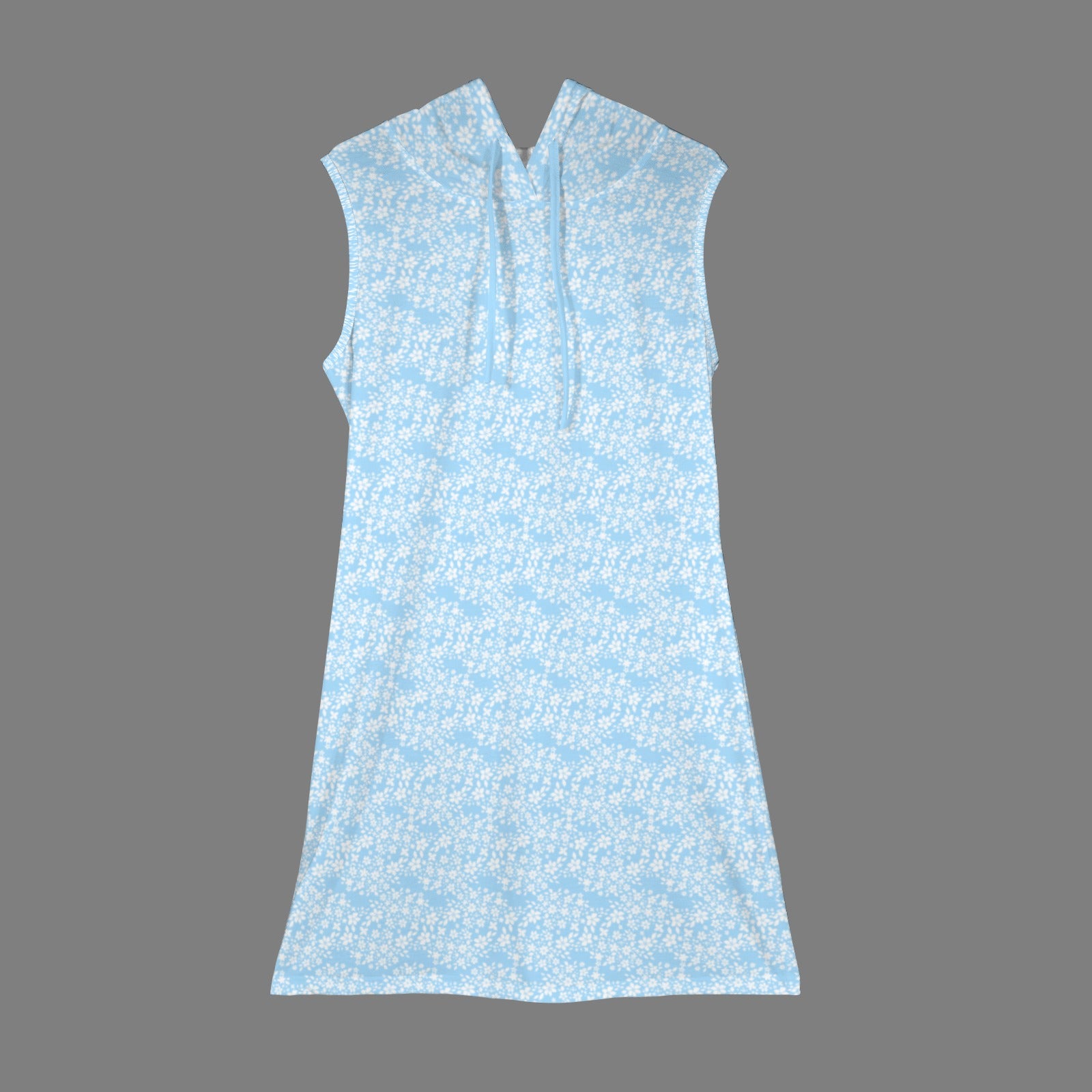 Drawstring Sleeveless Hooded Hoodie Dress Light Blue White Floral