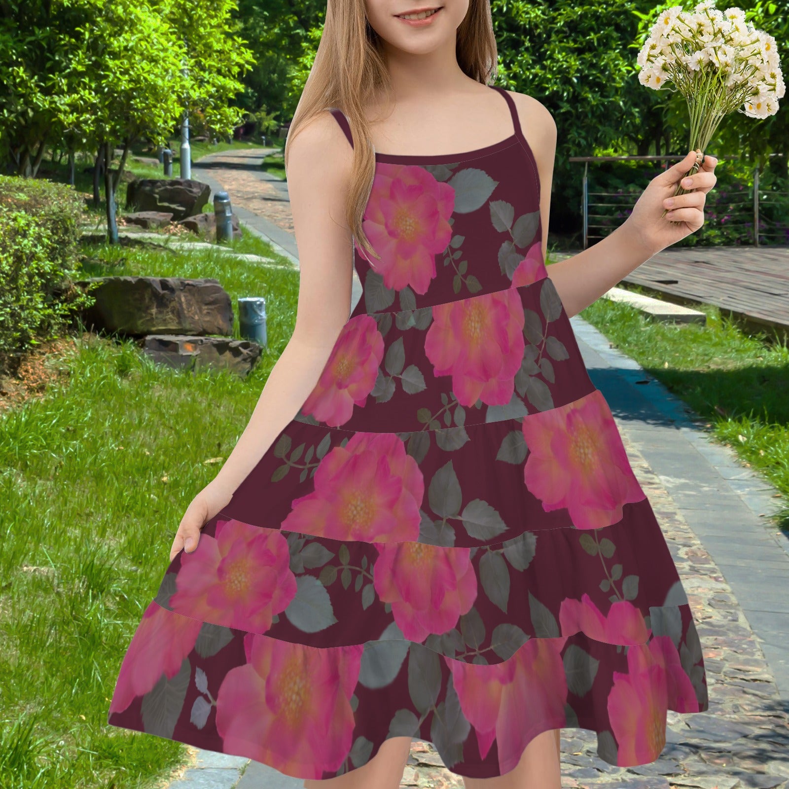 Spaghetti Strap Tiered Girls Dress Roses Dark Berry