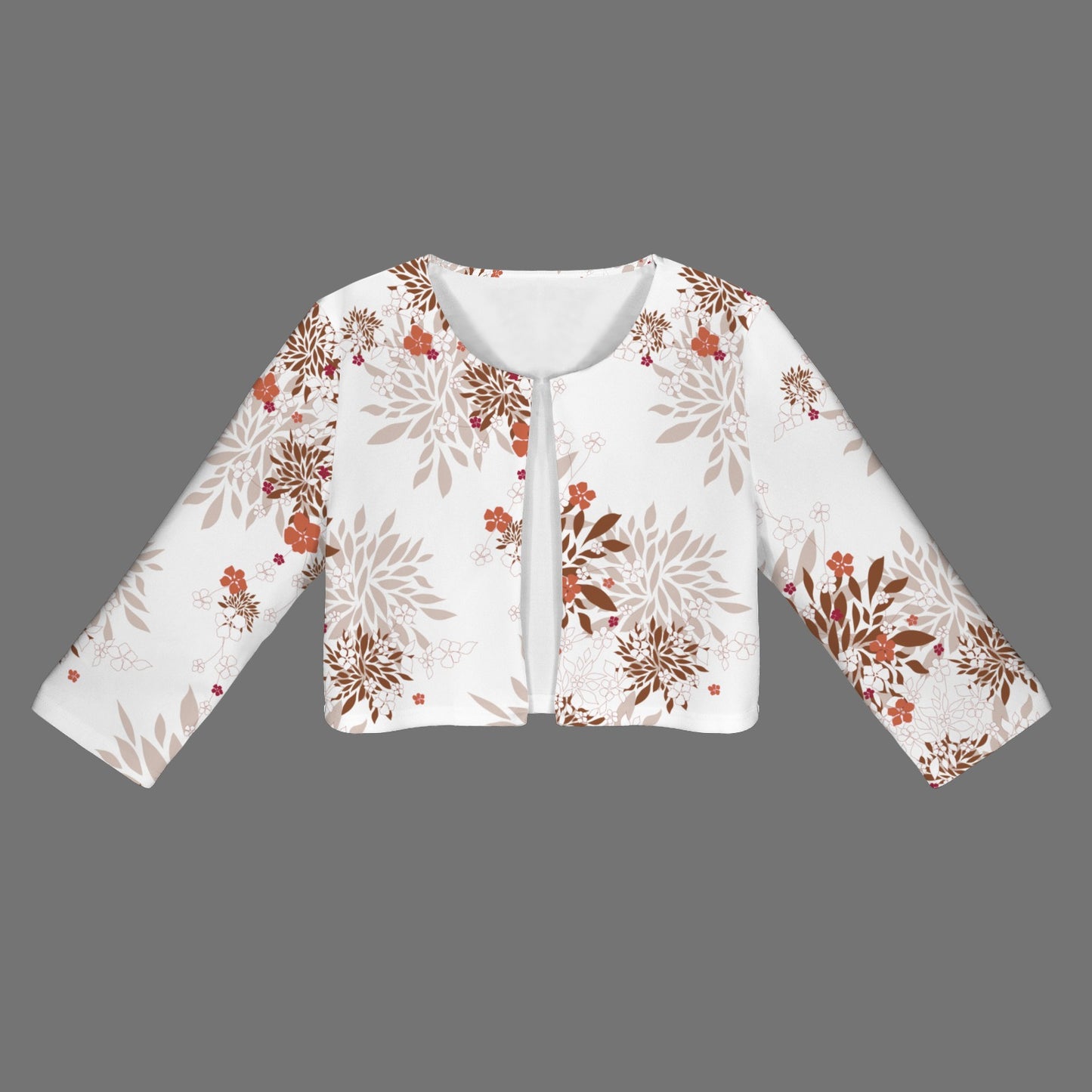 White & Brown Blossom Print Open Front Short Blazer