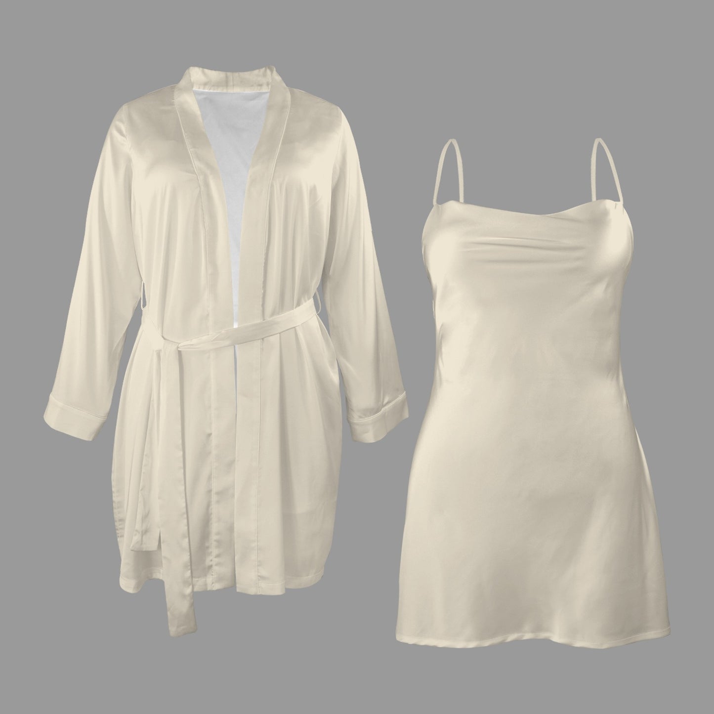 Pale Beige Silky Robe & Cami Set Polyester