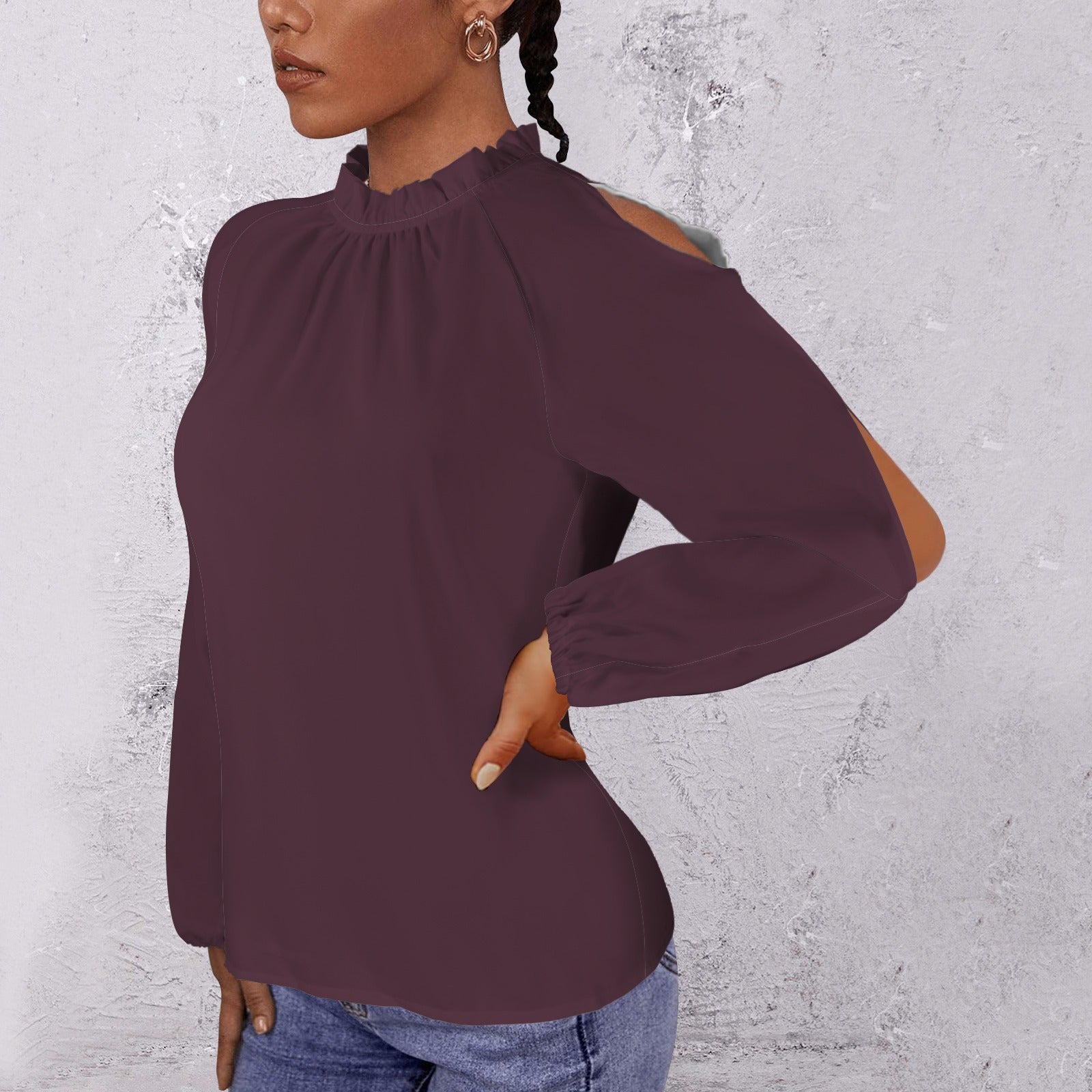 Lotus Leaf Round Neck Long Sleeve Pleated Off Shoulder Blouse Dark Plum