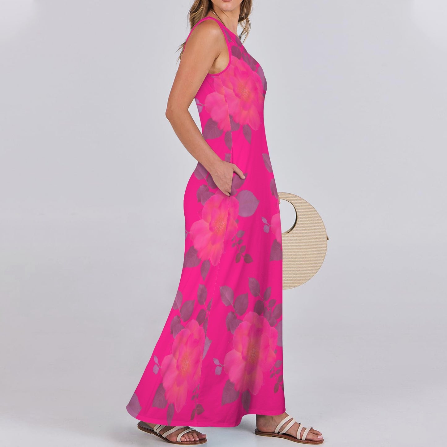 Sleeveless Maxi Dress Roses Magenta