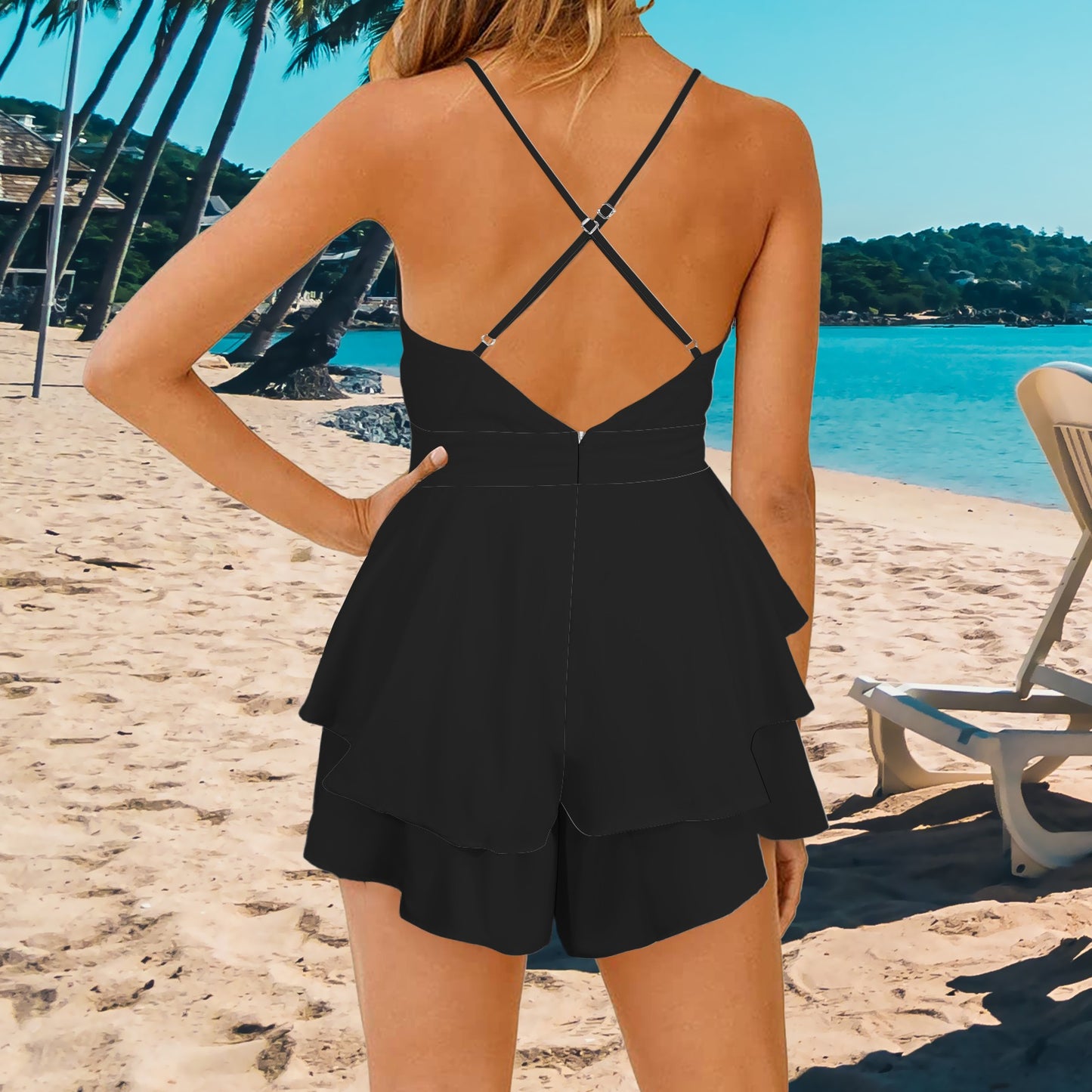 V-Neck Cross Back Double Layered Ruffle Hem Romper Black