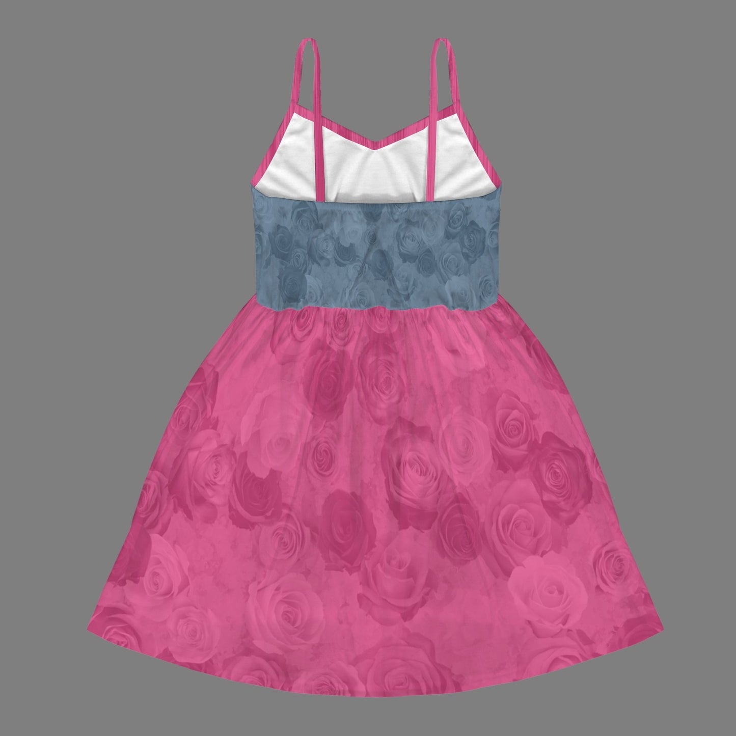 V-Neck Girls Cami Dress Blue Magenta Roses