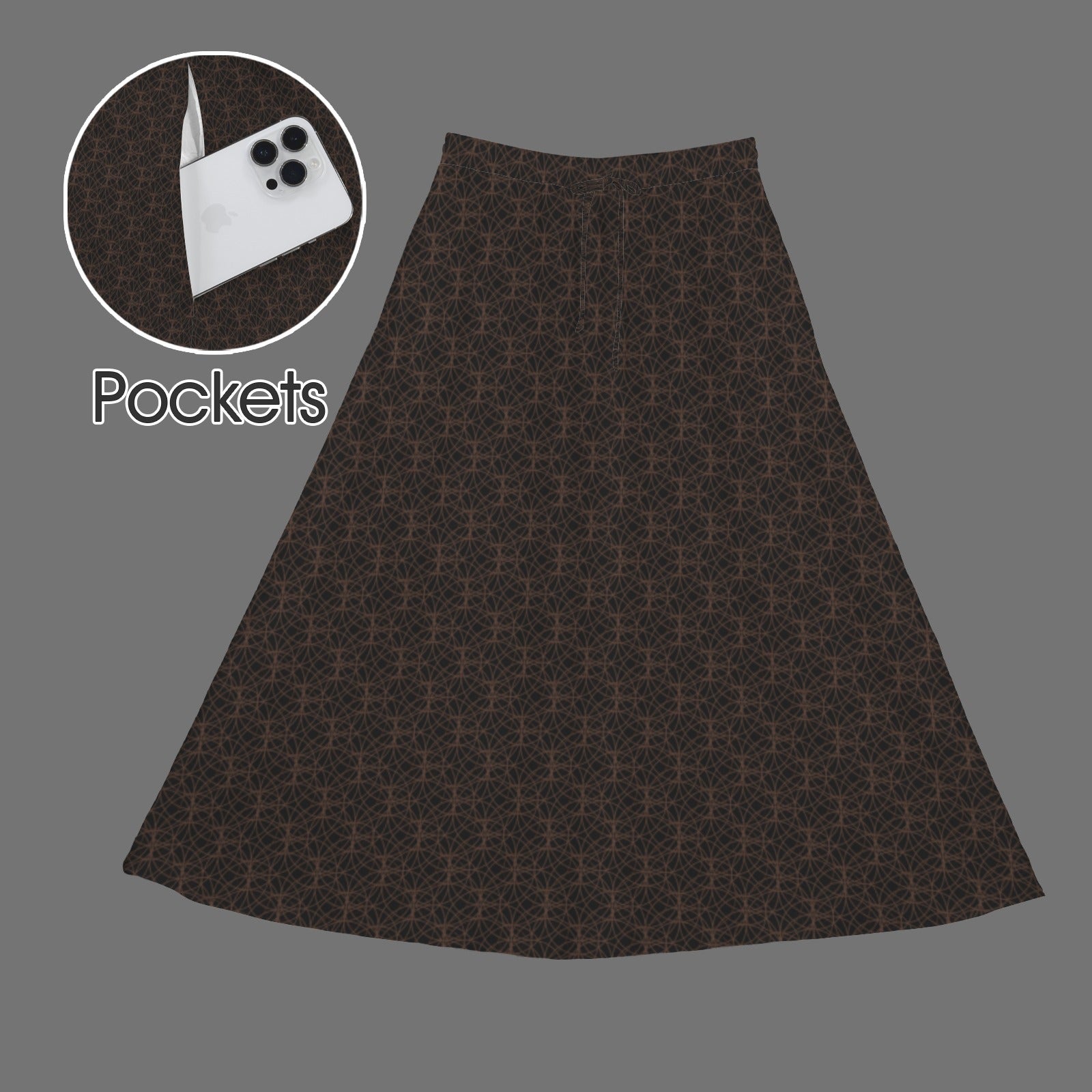 Drawstring Pocket Maxi Skirt Dark Black Brown Circle Geo Print