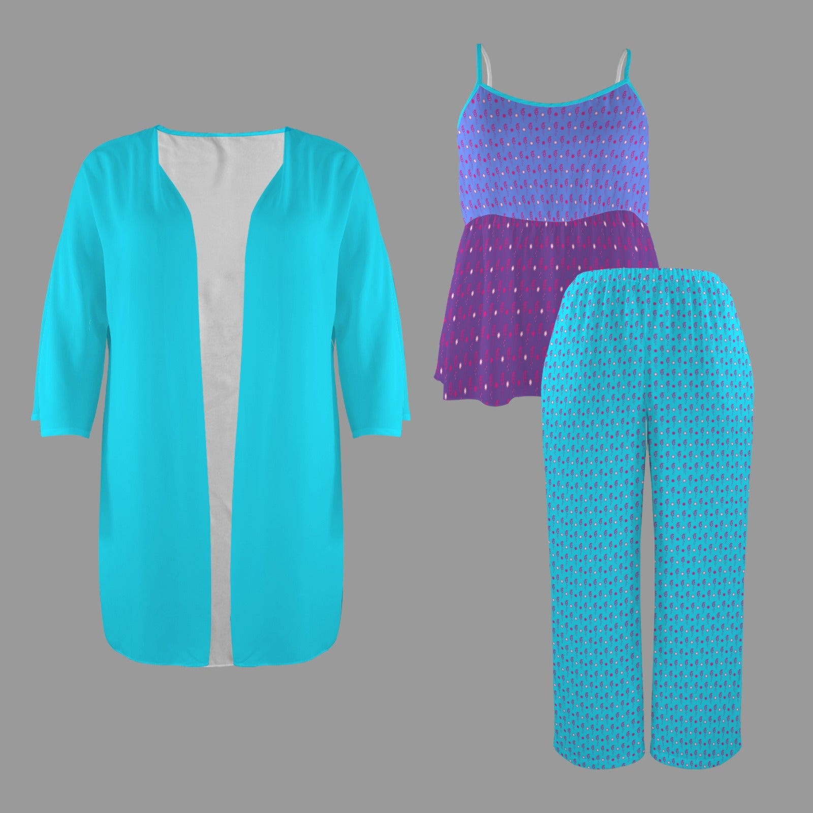 Turquoise Periwinkle & Purple é Stardrops Print 3 Piece Pajama Set