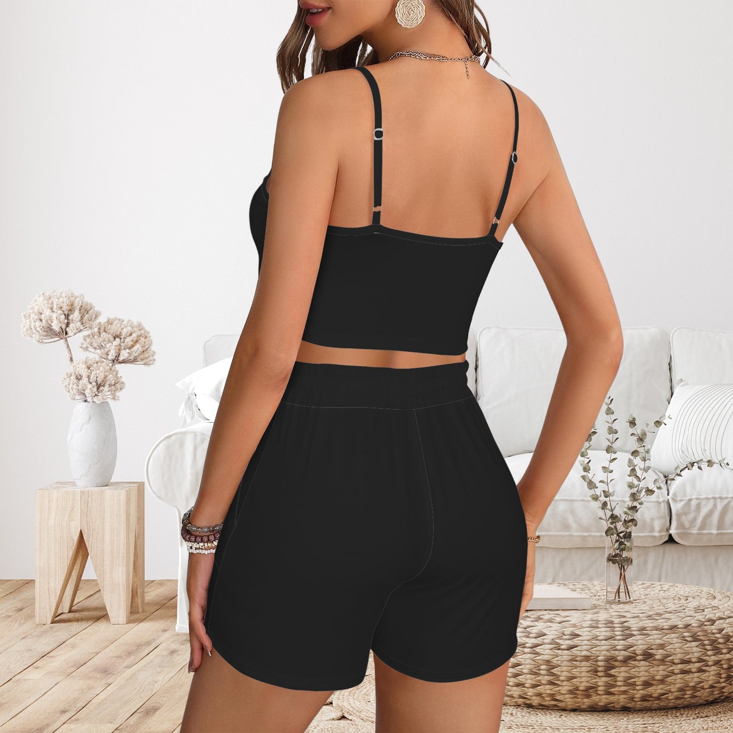 Backless Crop Cami Top & High Waist Drawstring Shorts Set Black