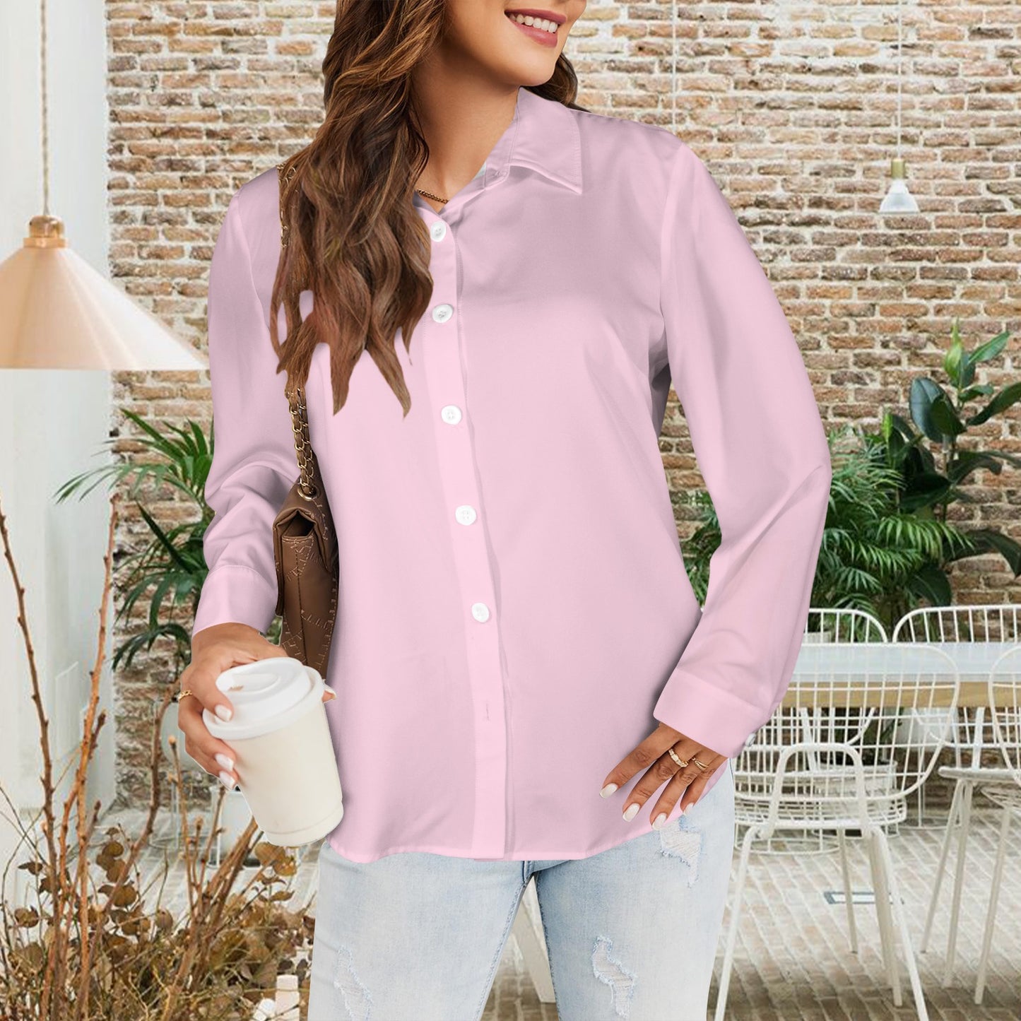 Basic Button Down Long Sleeve Shirt Pink