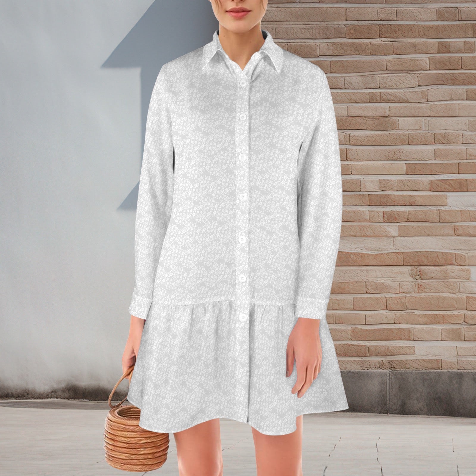 Lightest Grey White Floral Lapel Button Long Sleeve Pleated Shirt Dress