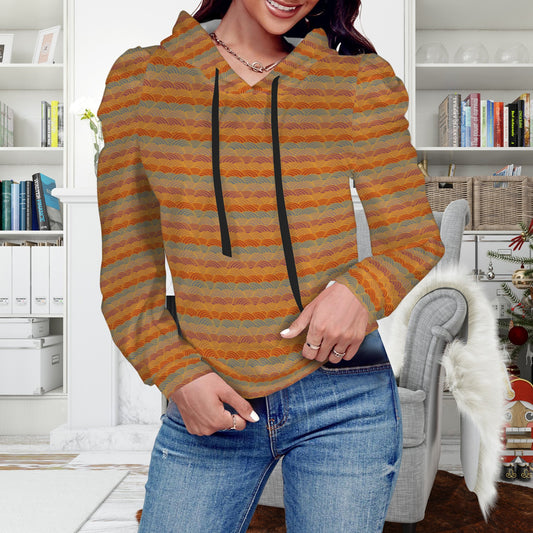 Pleated Puff Sleeve Hooded Fleece Sweatshirt Multi Scallop Print