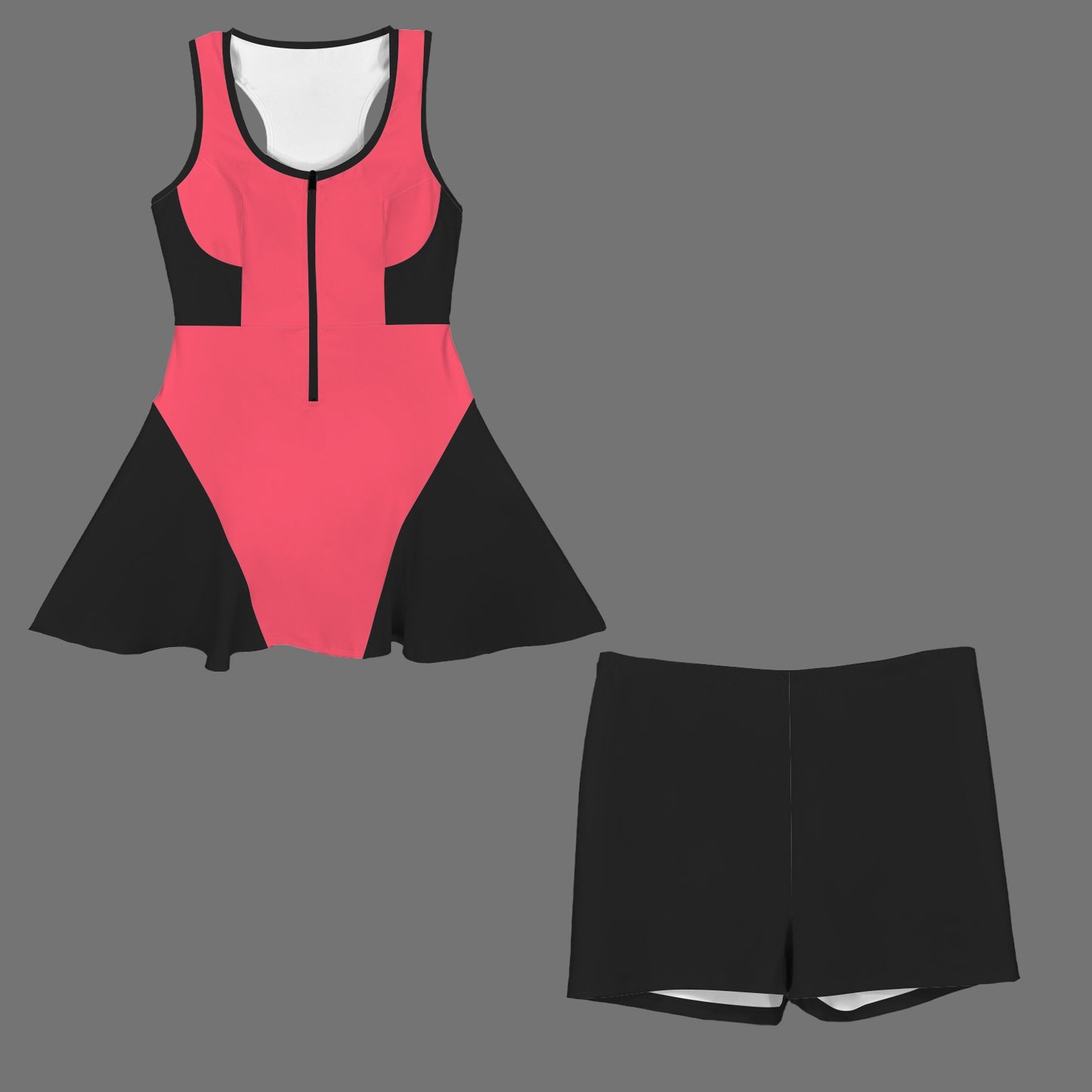 Front Zip Racer Back Sports Skirt & Shorts Set Coral Black