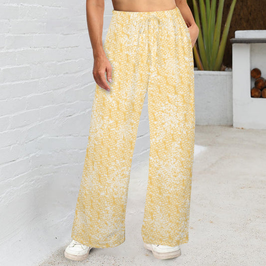 Golden Yellow Floral Layers Print Wide Leg Pants with Pockets