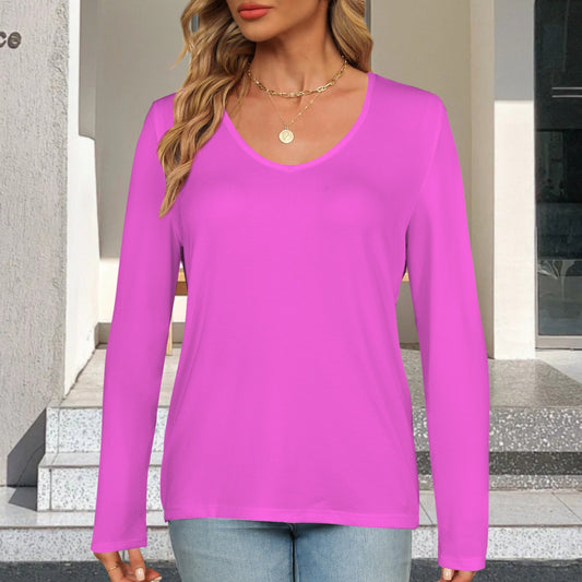 V Neck Long Sleeve Pullover Top Fuchsia