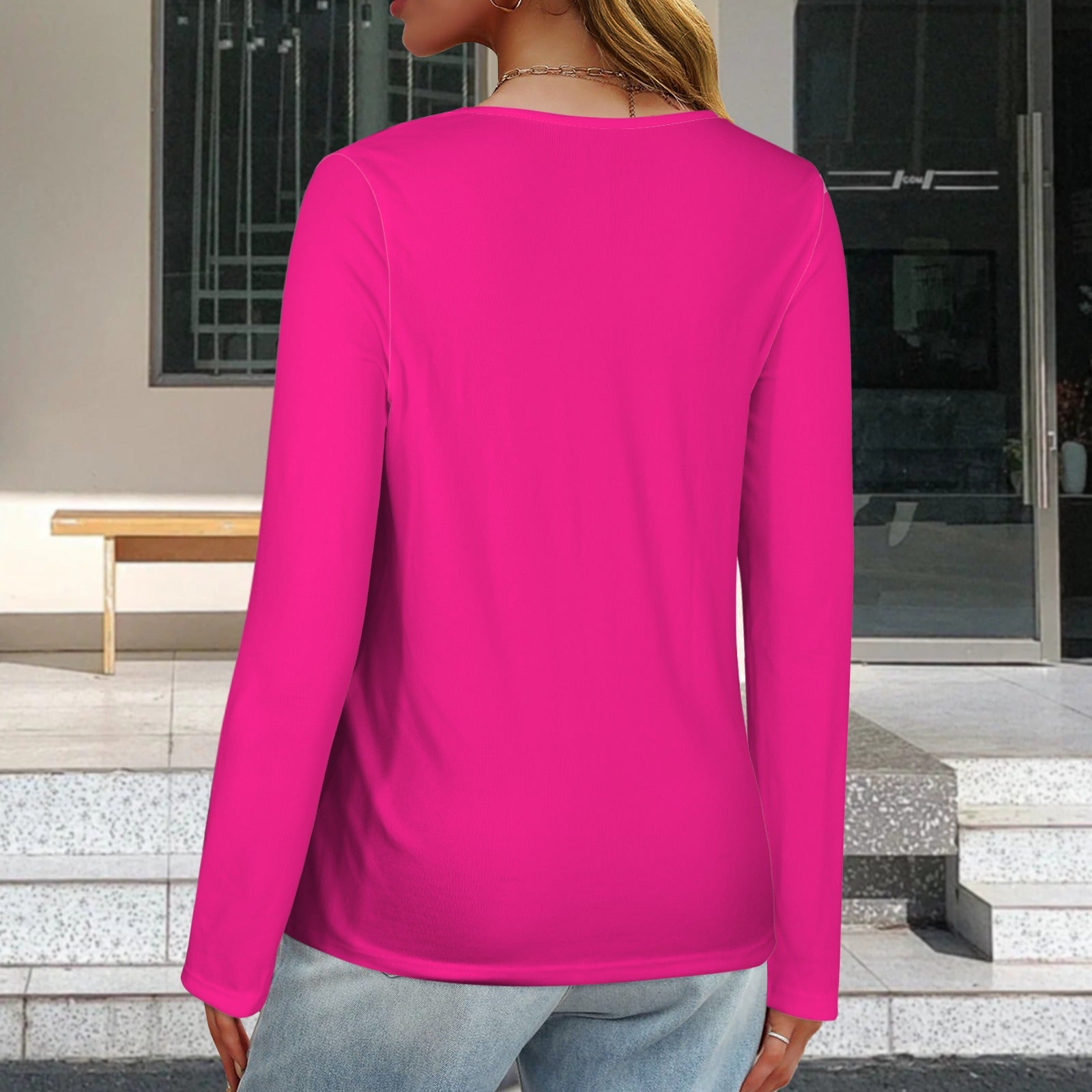 V Neck Long Sleeve Pullover Top Magenta