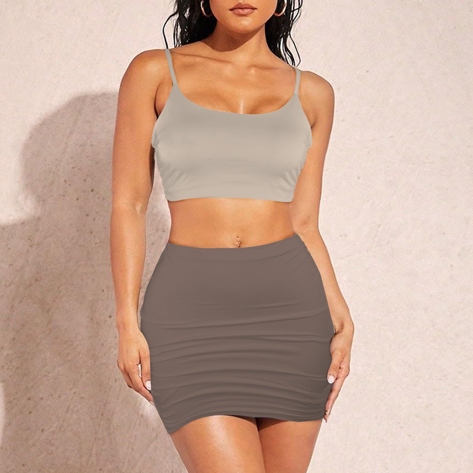 Neutral Beige Taupe Top & Ruched Bodycon Skirt