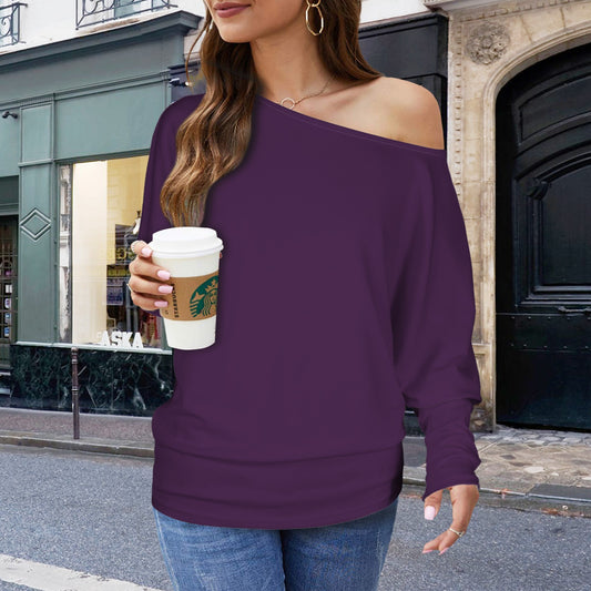 Casual Long Batwing Sleeve Off Shoulder Sweater Top Purple Flower