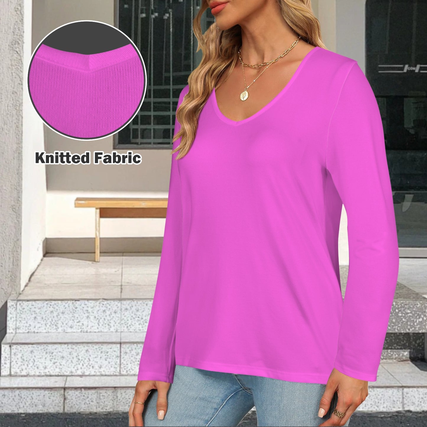 V Neck Long Sleeve Pullover Top Fuchsia