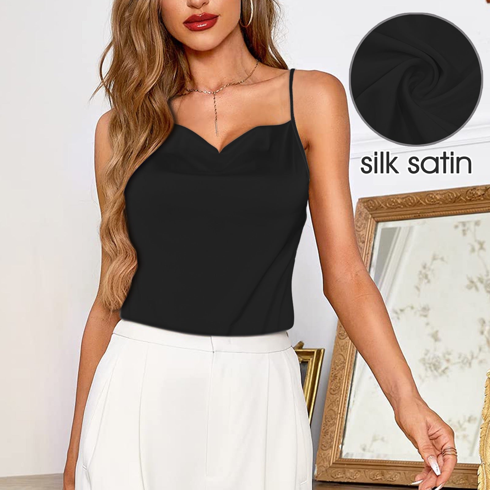 Black Drop Neck Silky Satin-like Cami Top