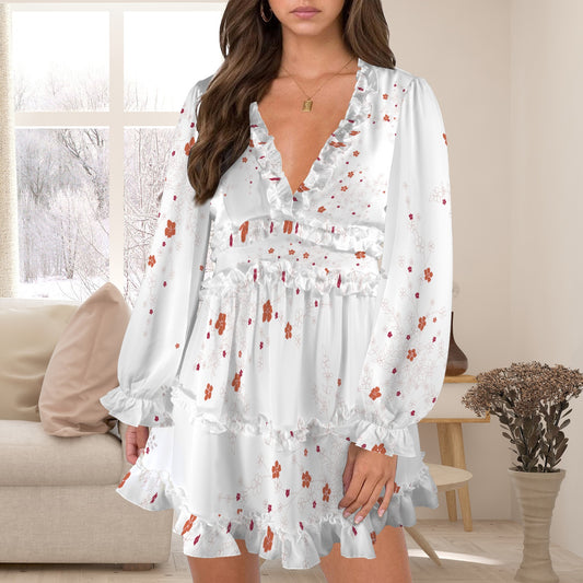 Blossoms Print White Romantic Ruffle Dress