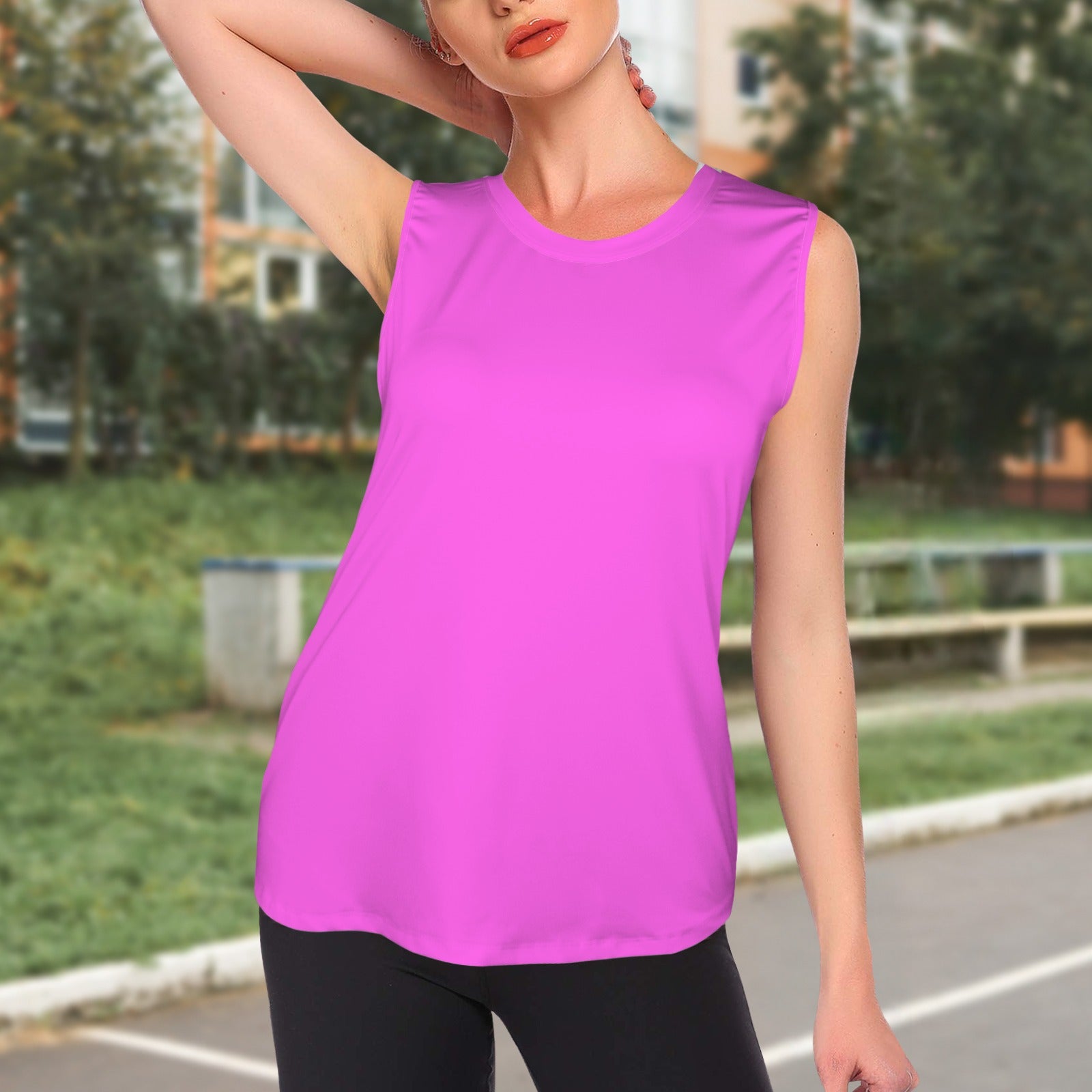 Round Neck Sleeveless Yoga Sport Tank Top Fuchsia