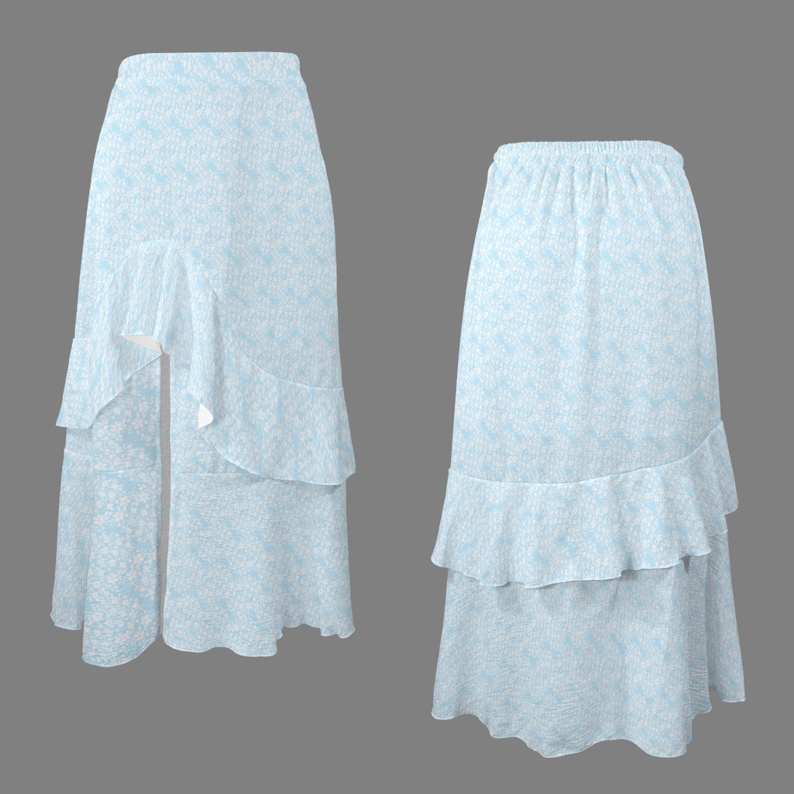 High Side Split Ruffle Hem Maxi Skirt Light Blue & White Floral