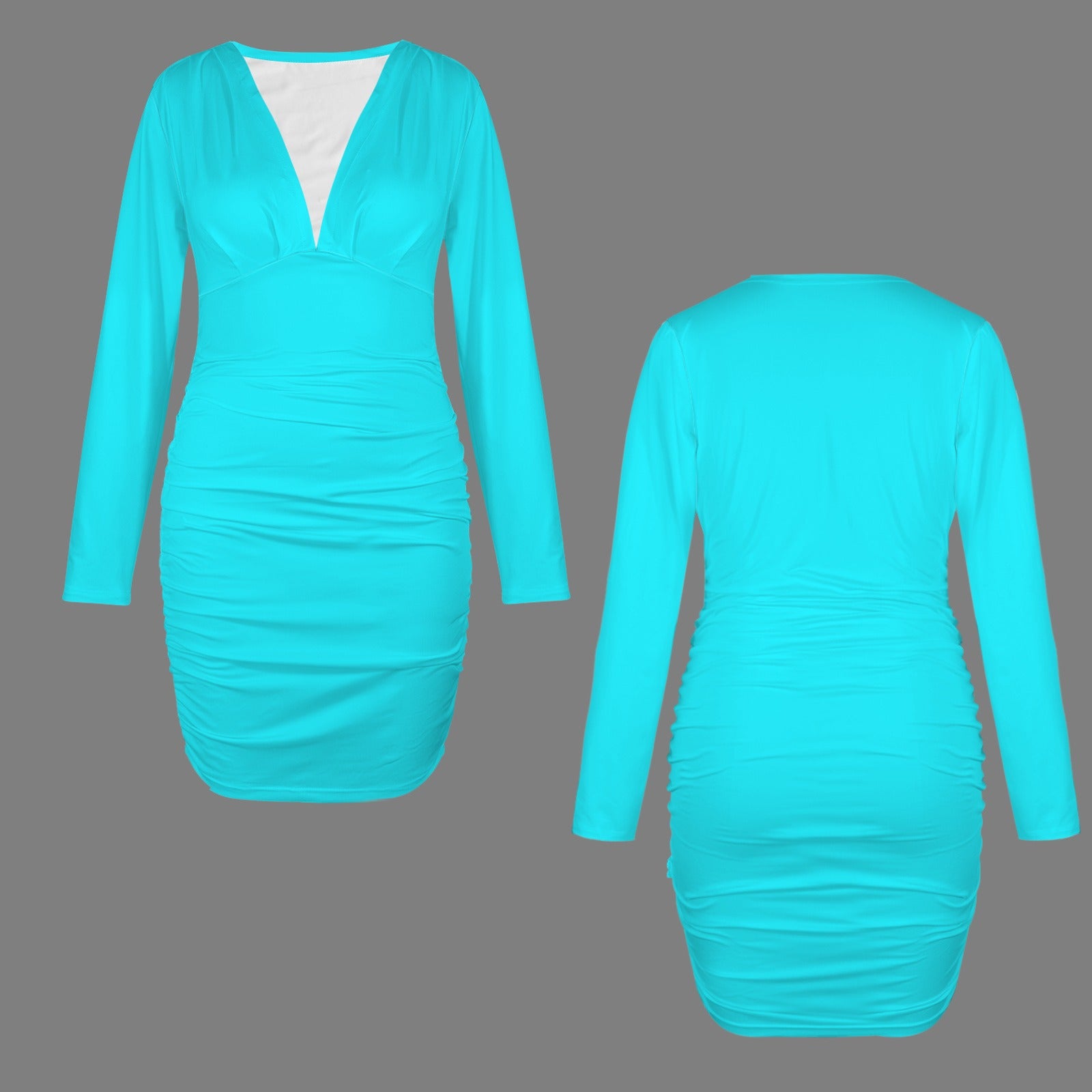 Sea Blue Fitted V-Neck Long Sleeve Dress