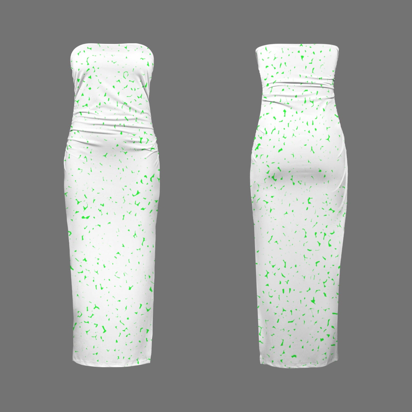 Strapless Side Slit Maxi Slim Fit Dress White & Bright Green Pebble Print