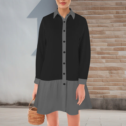 Black Grey Lapel Button Long Sleeve Pleated Shirt Dress