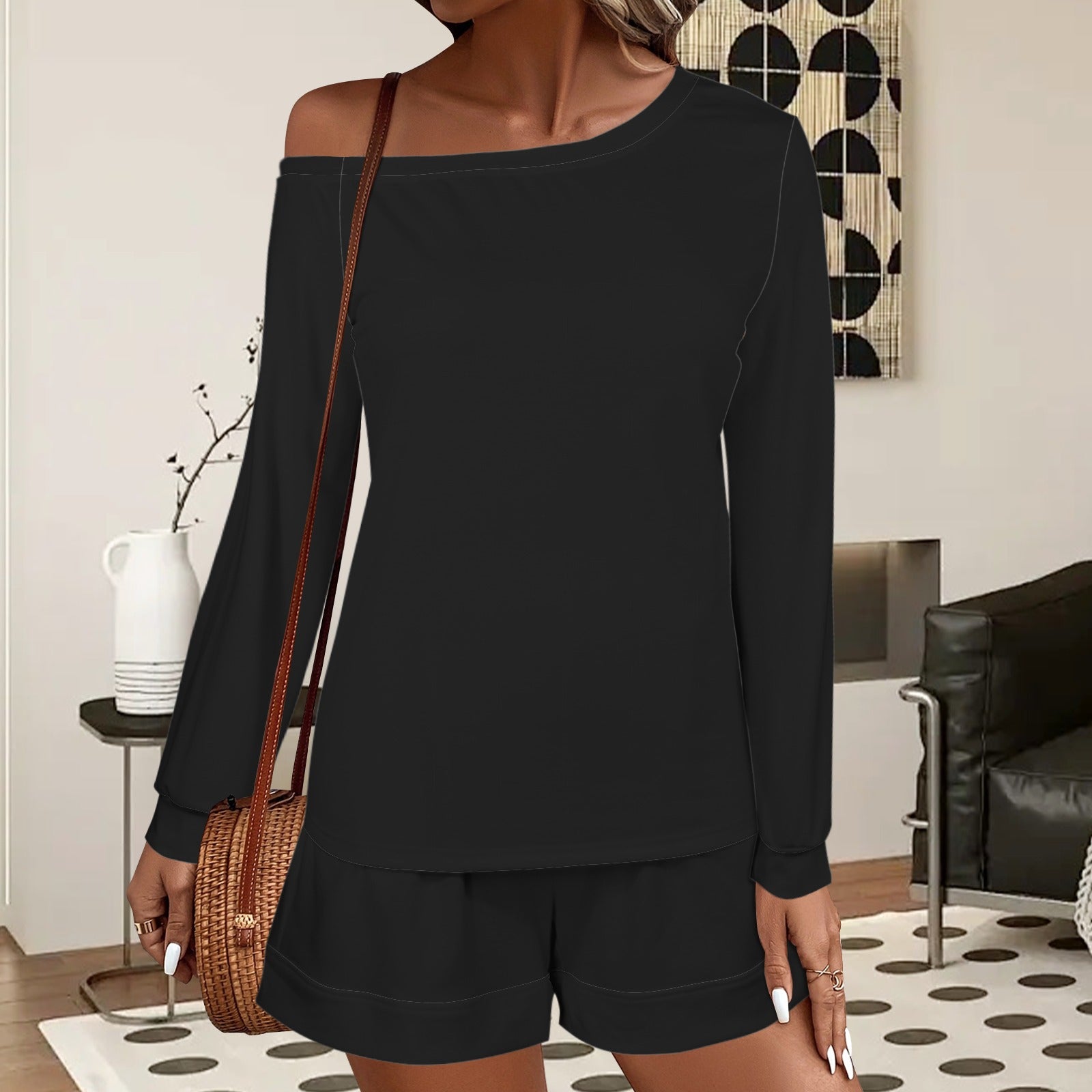 Slanted Off Shoulder Sweatshirt & Elastic Waist Shorts Set Black