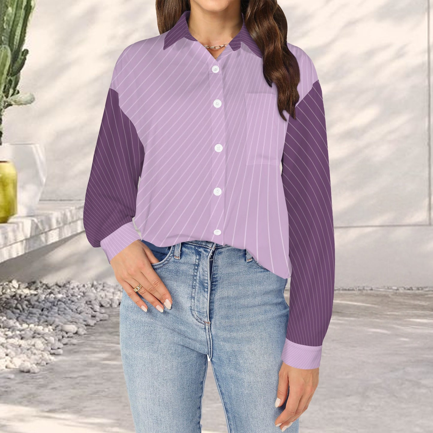 Mauve Curvestripe Long Sleeve Pocket Button Shirt