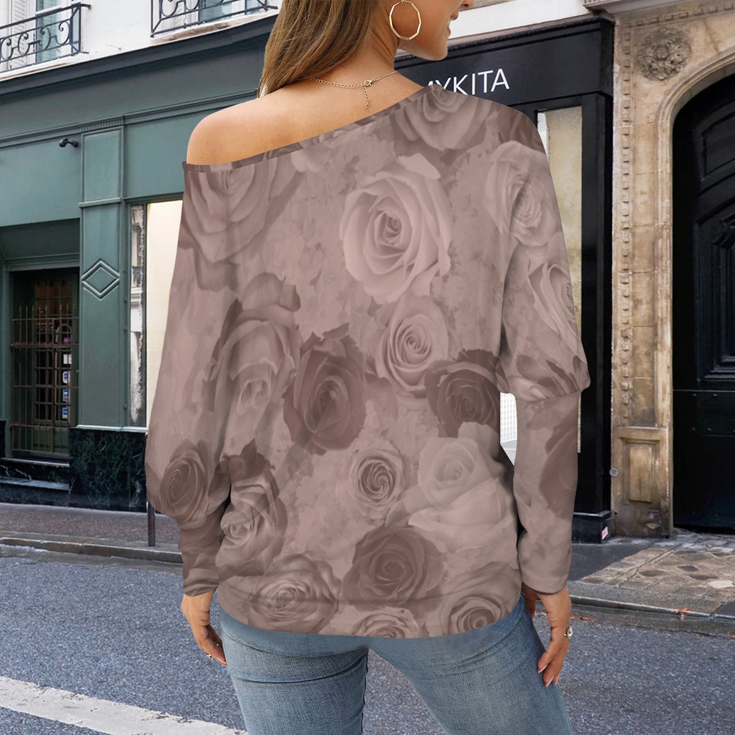 Casual Long Batwing Sleeve Off Shoulder Sweater Pullover Top Roses Neutral