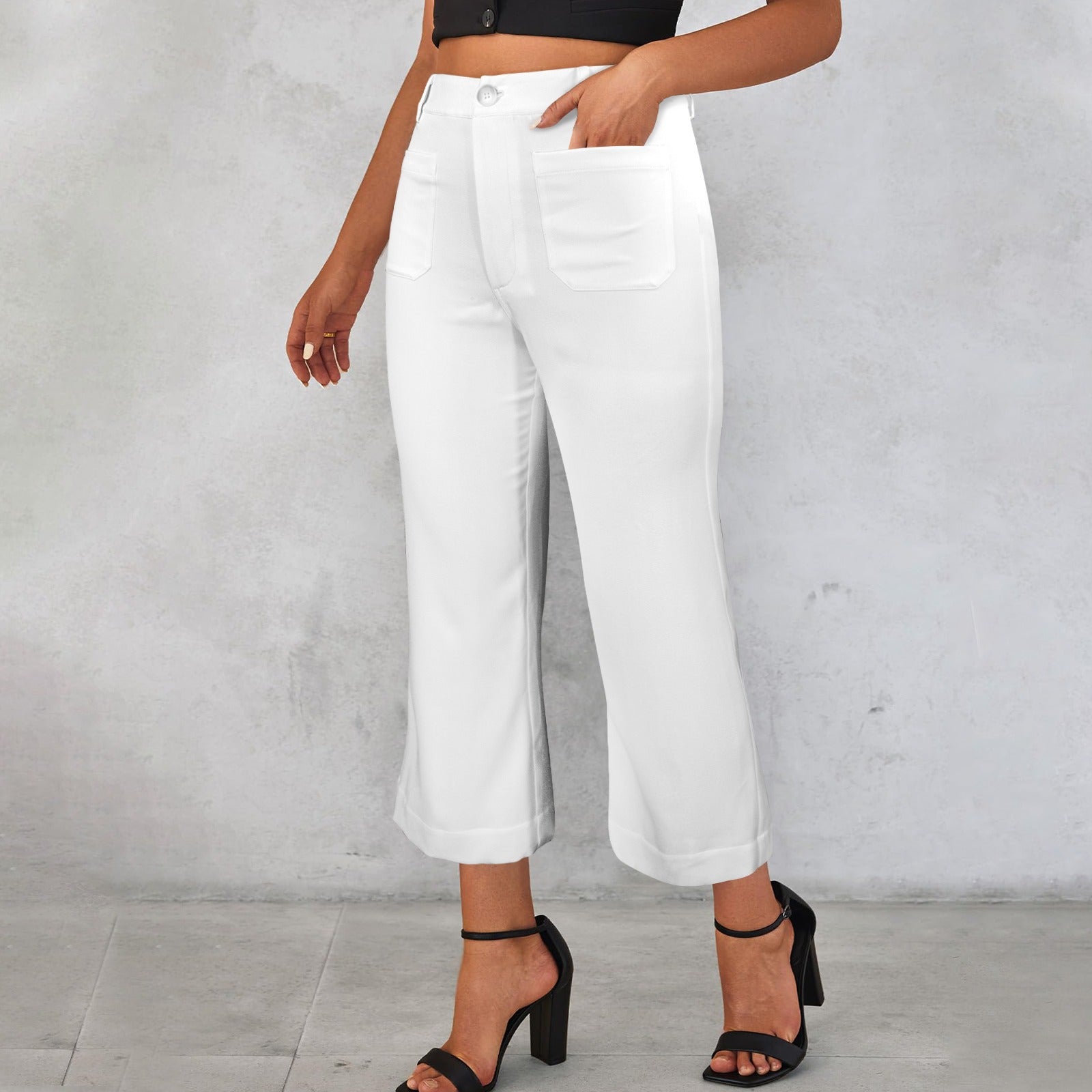 High Waist Pocket Flared Cropped Pants White