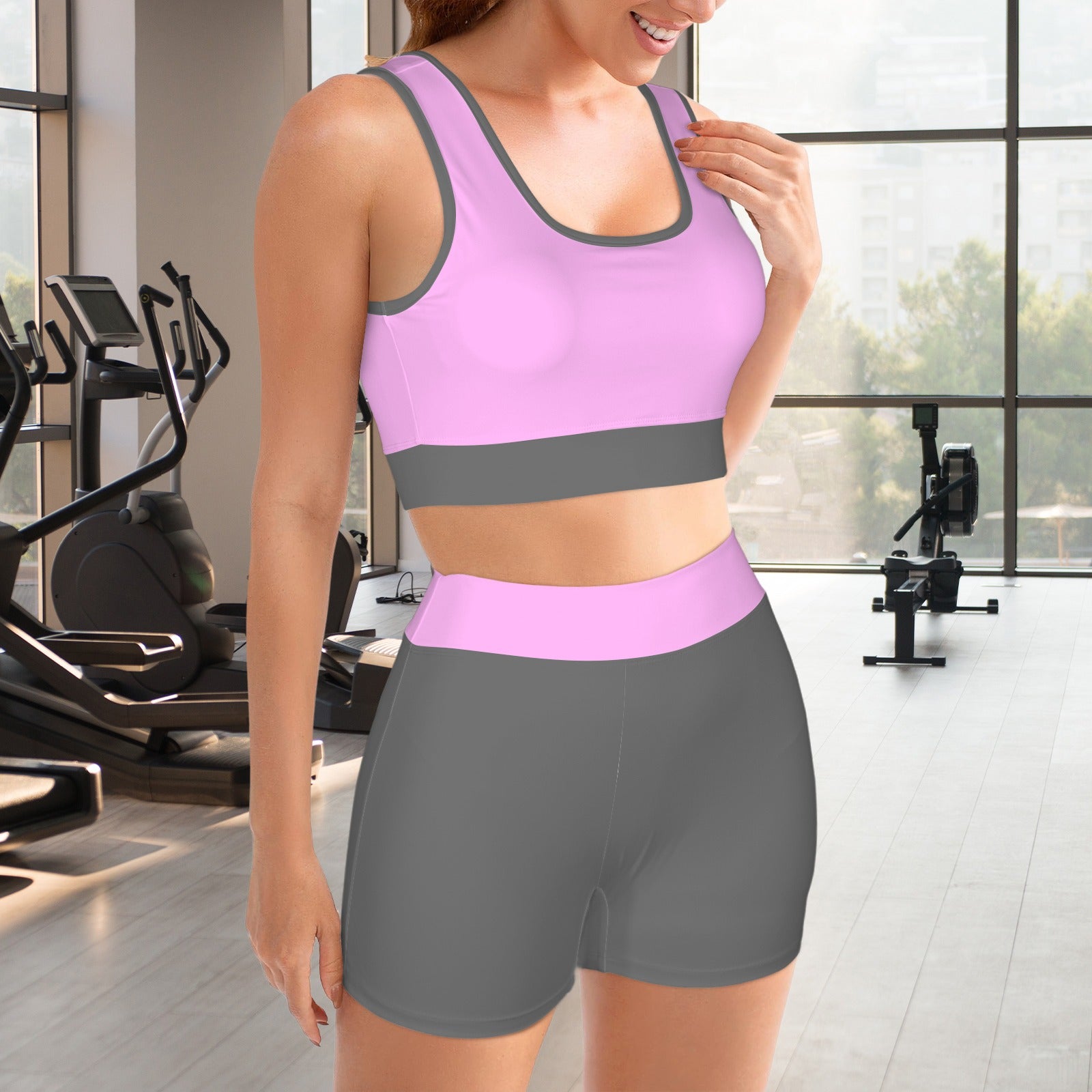 Light Fuchsia & Grey Sports Set Crop Tank & Shorts