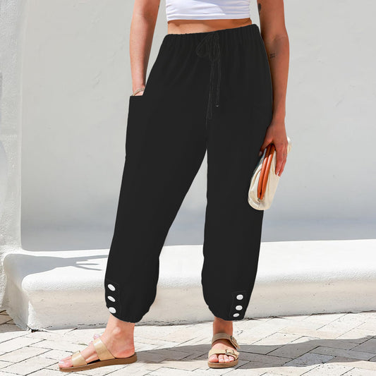 Loose Pocket Gathered Button Ankle Pants Black