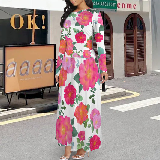 Long Sleeve Pocket Pleated Maxi Dress White Multi Rose Floral