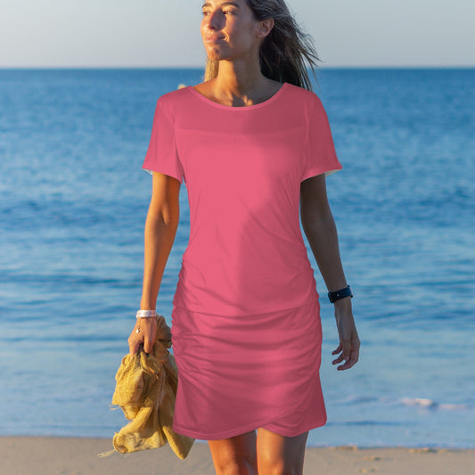 Round Neck Short Sleeve Wrap Ruched Dress Rose Pink