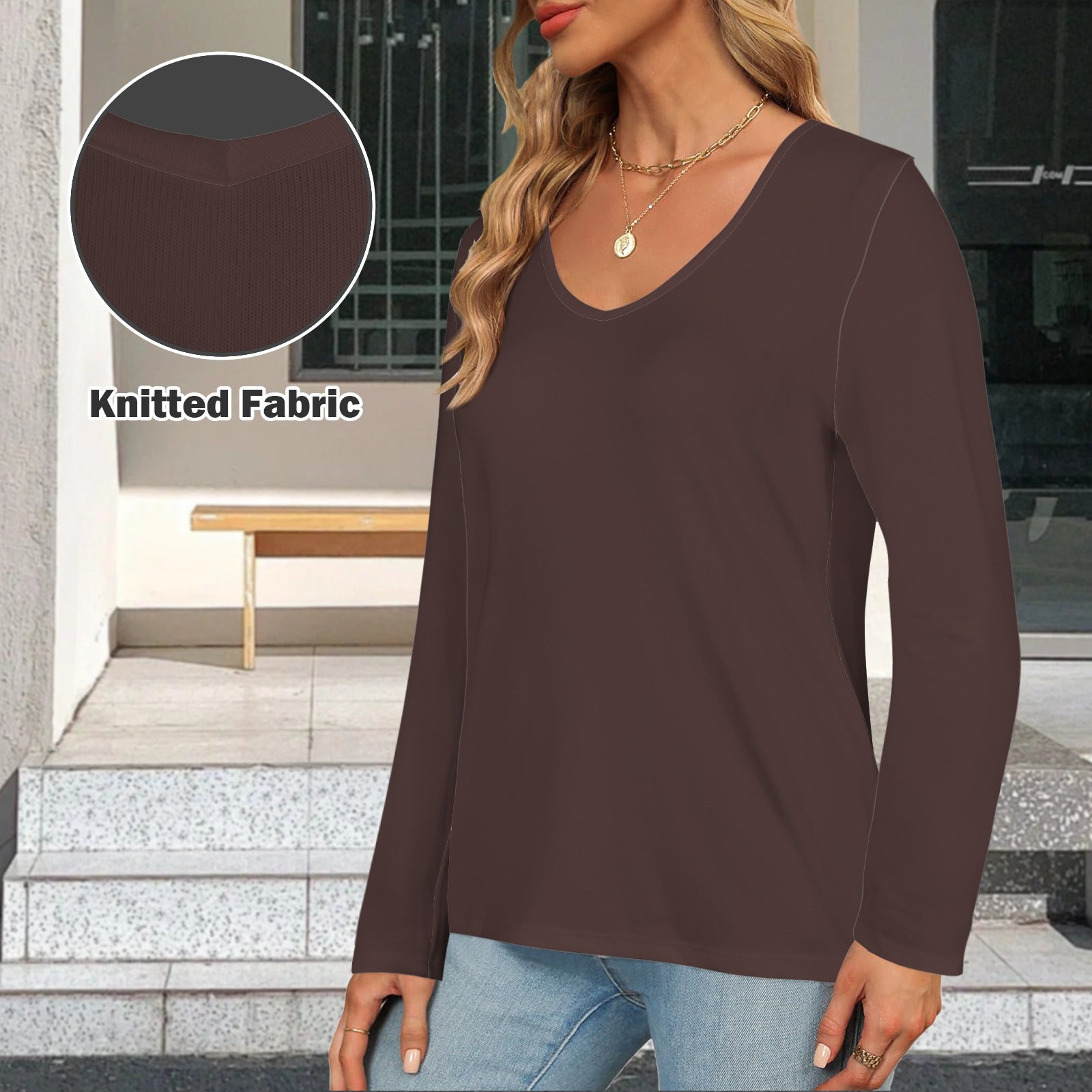 V Neck Long Sleeve Pullover Top Espresso