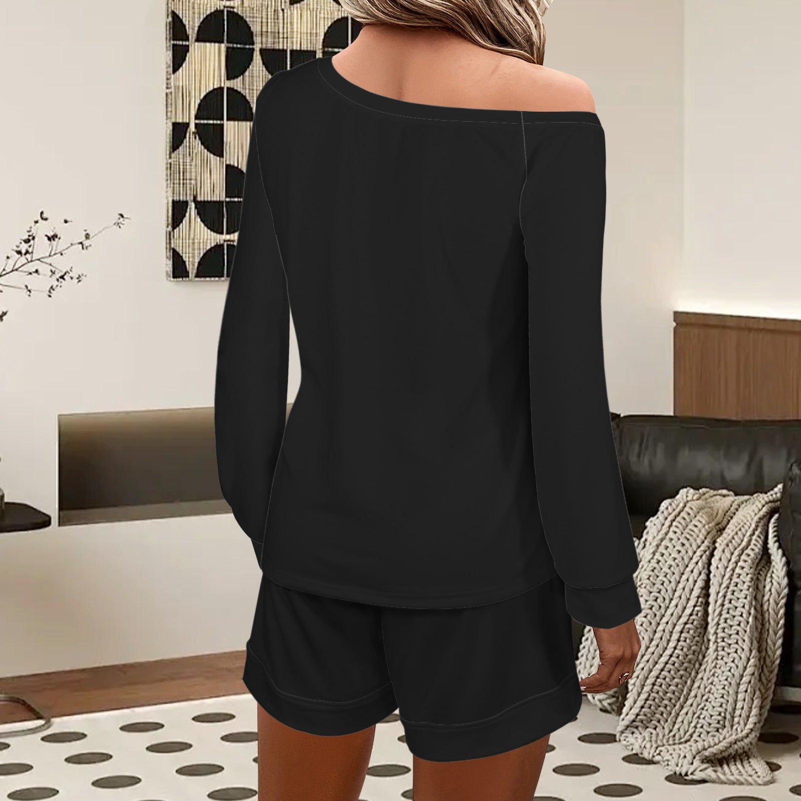 Slanted Off Shoulder Sweatshirt & Elastic Waist Shorts Set Black