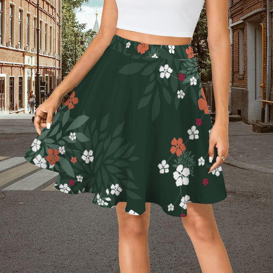 Elastic Waist Casual Flared Mini Skirt Dark Green Blossom Print